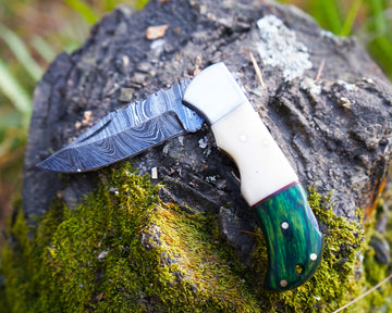 Handmade Damascus Folding Knife – Bone and Green Wood HandleSharp EDC Pocket Knife, Premium Hunting & Survival Blade